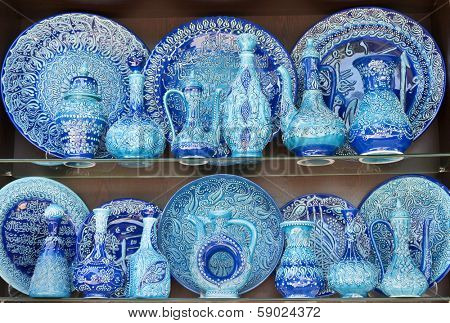 ISTANBUL, TURKEY - JUNE 25, 2010: Grand Bazaar, Traditional Turkish ceramic tableware, June 25, 2010 in Istanbul, Turkey. Grand Bazaar (founded in 1453) - the largest indoor market in the world.