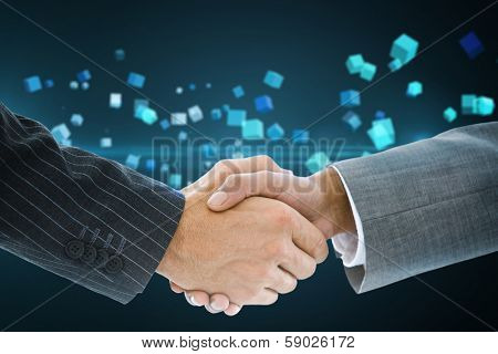 Composite image of business handshake against futuristic screen with quaders