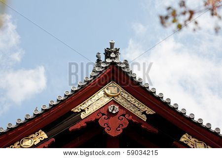 Detail On Japanese Temple Roof Against Blue Sky.