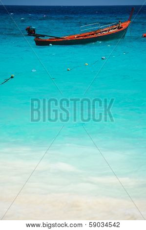 Red Boat On Beautiful Blue Sea From South Thailand, Asia