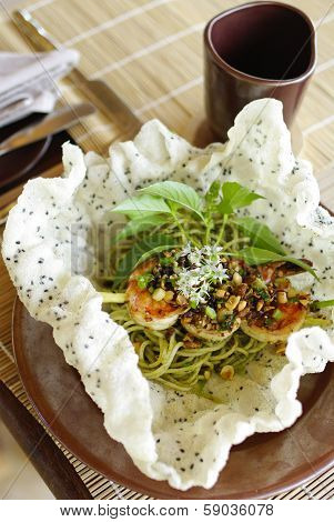 Plate Of Green Spaghetti Broccoli Pesto And Prawn Ready For Serving
