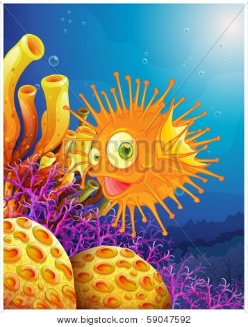 Illustration of an orange puffer fish near the coral reefs on a white background