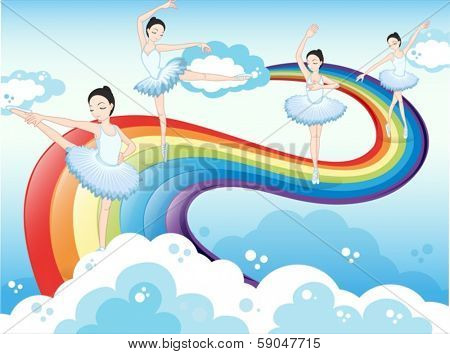 Illustration of the ballet dancers in the sky with a rainbow
