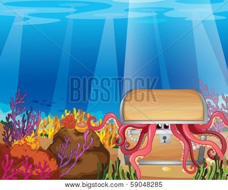 Illustration of a treasure box with an octopus