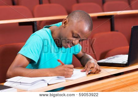 handsome male african college student writing classwork
