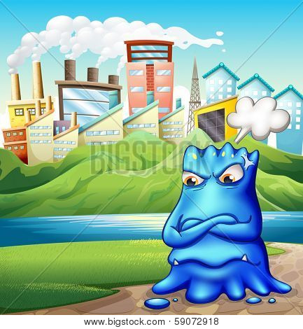 Illustration of an angry fat blue monster in the city