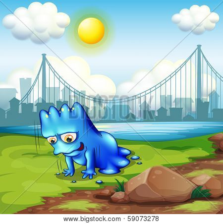 Illustration of a monster falling down near the rocks