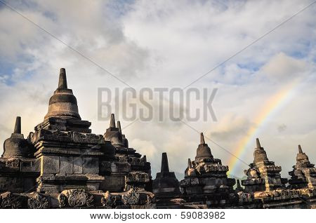Rainbow Over Stupa Buddist Temple Borobudur Complex In Yogjakarta In Java