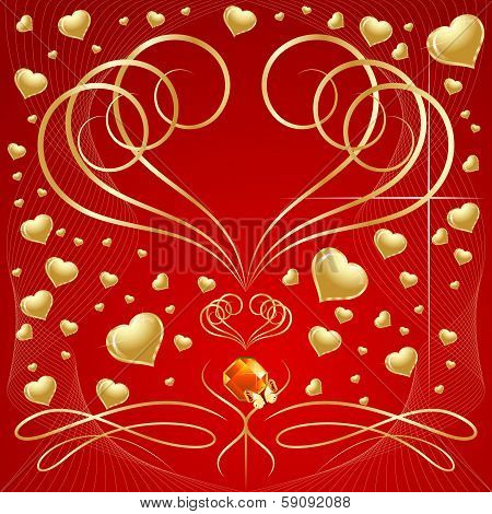 Lot of golden hearts on red background