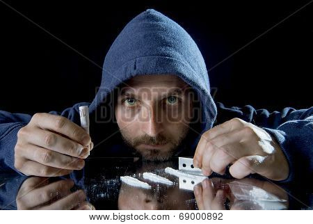 Depressed Sick Looking Cocaine Addict Man Sniffing Coke