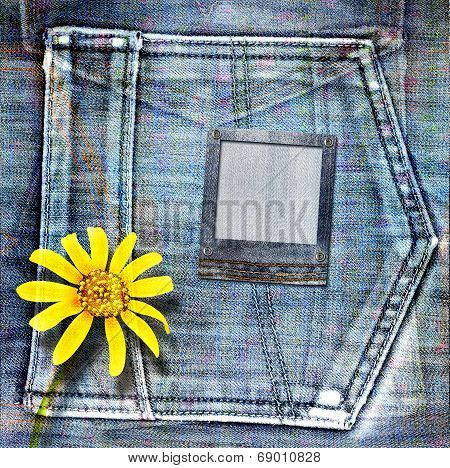 Old Vintage Postcard With Beautiful Yellow Flowers On Blue Jeans Background