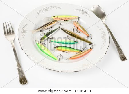 Porcelain Plate With Plastic Fishing Lures Isolated On White