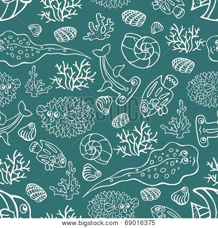 Outline Doodle seamless pattern.Funny Sea Life and Fish