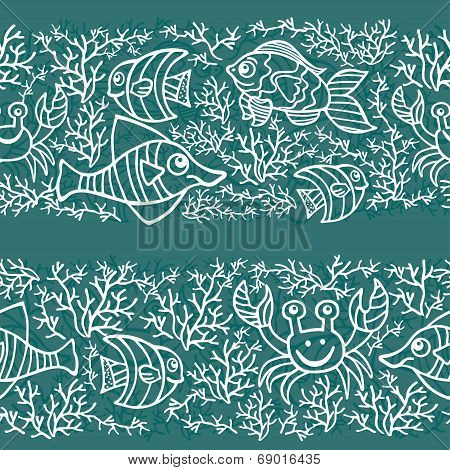Funny Sea Life and Fish.Outline Doodle seamless border