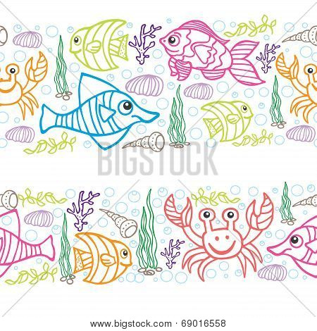 Funny Sea Life and Fish.Colored Doodle seamless  border