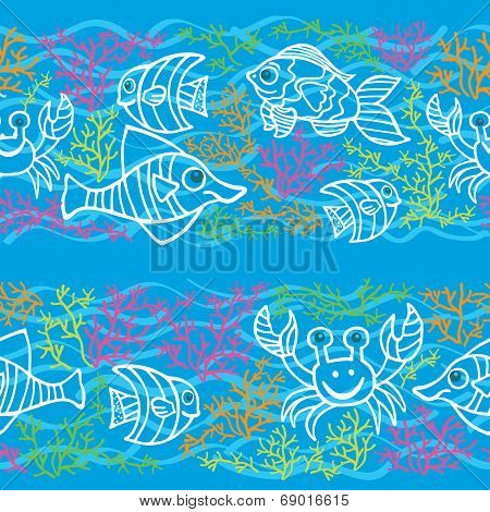 Funny Fish and Colored corals.Doodle seamless border