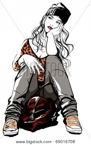 Young beautiful melancholic woman traveling - Vector illustration