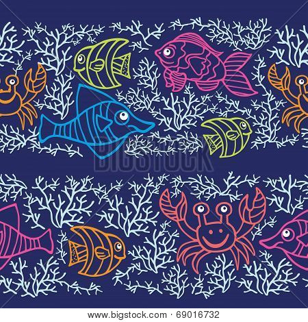 Funny  Fish and corals.Colored Doodle seamless border pattern