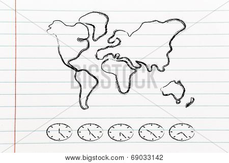 World Map And Time Zone Clocks, Business Going Global