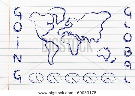 World Map And Time Zone Clocks, Business Going Global