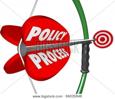 Policy and Process words on a bow and arrow aiming bullseye system or set regulations
