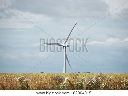 Single Windmill In Grass Field With Clouds