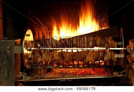 Fireplace And The Spit Which Runs Very Fast With Meat