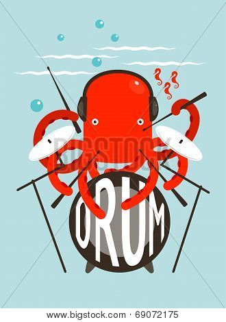 Red Octopus Playing Drums
