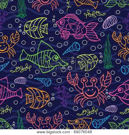 Funny Sea Life and Fish.Colorful Doodle seamless pattern