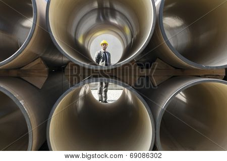 Full length of young male architect through stacked pipes at construction site