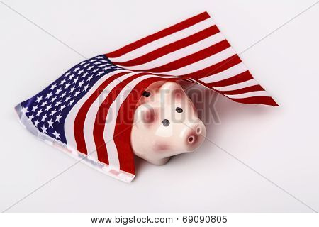 Pig Money Box And Usa Flag