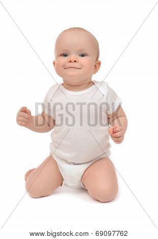 Infant Baby Toddler Sitting On Her Knees And Happy Smiling
