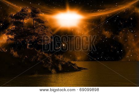 3D background with island in sea against a moonlit sky