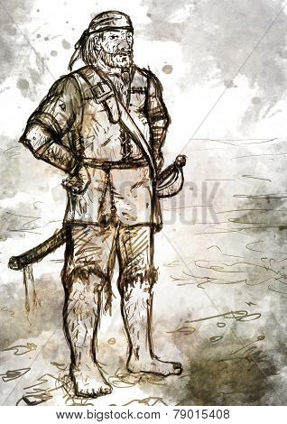 Drawing Of Old Armed Pirate With Sword