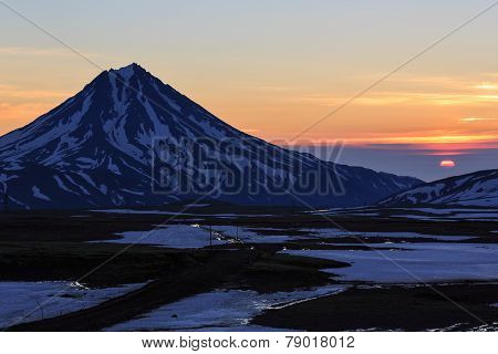 Beautiful Volcanic Landscape: Sunrise Over Viluchinsky Volcano. Kamchatka