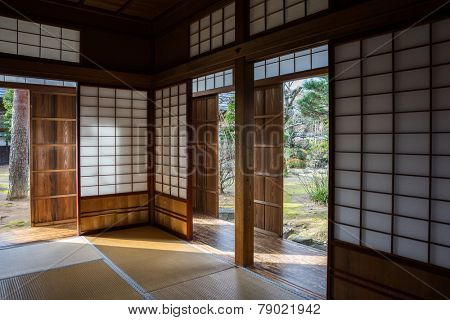 TAKAYAMA, JAPAN - DECEMBER 03, 2014: View of Takayama Jinya house shows the rooms and gardens. It is the home of the governor of Hida province build in 1692, is the oldest surviving house in Japan.