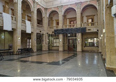 The waiting-room with blank billboard advertisement in the old railway station