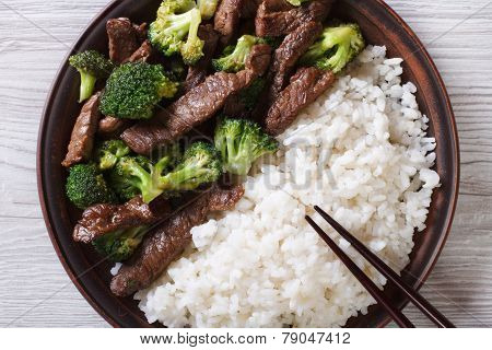 Beef With Broccoli And Rice Close-up. Horizontal Top View