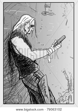 Drawing Of Guy With A Gun In His Hand