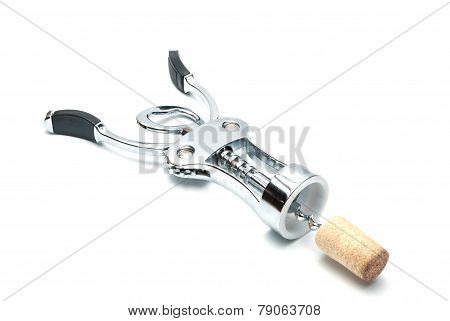 The metal chrome lever-type corkscrew with stopper isolated on white.