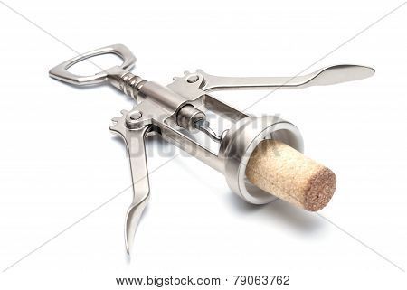 The metal lever-type corkscrew with stopper isolated on white.