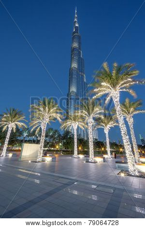 DUBAI UAE - NOVEMBER 27: Burj Khalifa by night on November 27 2014 in Dubai UAE. Burj Khalifa is currently the tallest building in the world at 829.84 m (2723 ft).