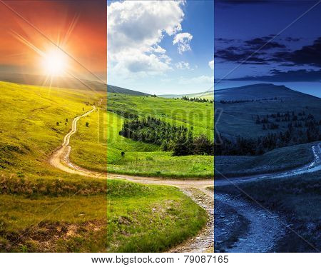 Cross Road On Hillside Meadow In Mountain