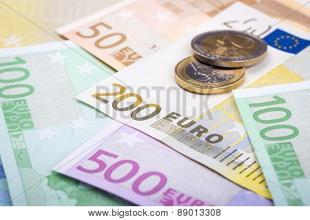 Closeup Of Euro Banknotes And Coins