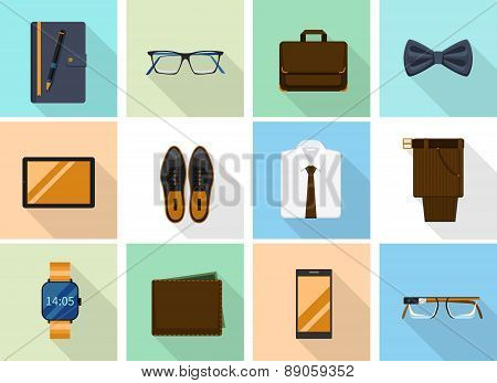 Businessman clothes and gadgets icons in flat style