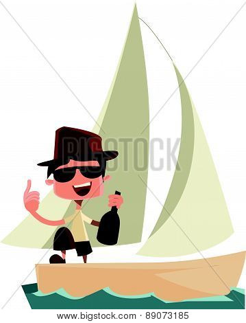 Rich man celebrating on yacht vector illustration cartoon character