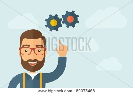 A Man pointing the gears icon. A contemporary style with pastel palette, light blue cloudy sky background. Vector flat design illustration. Horizontal layout with text space on right part.