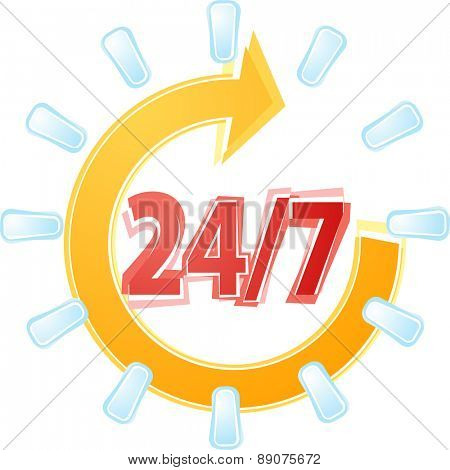 Illustration concept clipart open 24 by 7 with cyle clock symbols