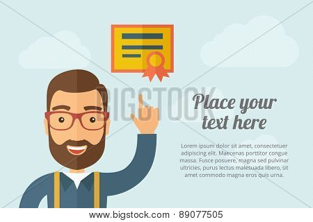 A Man pointing the certificate icon. A contemporary style with pastel palette, light blue cloudy sky background. Vector flat design illustration. Horizontal layout with text space on right part.