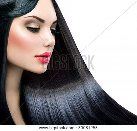 Beautiful model girl with healthy long straight shiny hair isolated on white background. Hair. Healthy Long Black Hair. Beauty Brunette Woman. Gorgeous Hair, Dyed hair